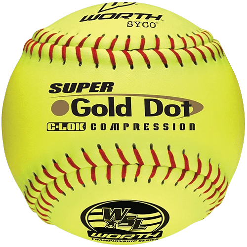 Worth 12" Super Gold Dot WSL Slowpitch Softballs (Dozen): YS44WSLC 1 Worth 12" Super Gold Dot WSL Slowpitch Softballs (Dozen): YS44WSLC